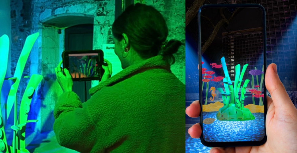 Left - female holding a phone with augmented reality seagrass on screen, right - close up of the phone